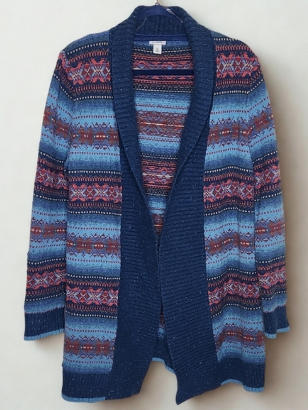 L.L.Bean Women's Blue Western Tribal Open Front Cardigan Sweater • XL